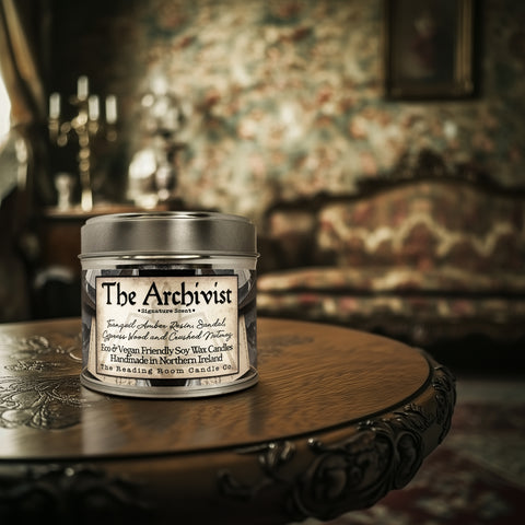 The Archivist Candle Tin | Signature Scent | Amber Resin, Sandalwood, Cypress & Nutmeg | Light Academia Inspired Wood Wick Soy Candle
