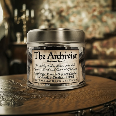The Archivist Candle Tin | Signature Scent | Amber Resin, Sandalwood, Cypress & Nutmeg | Light Academia Inspired Wood Wick Soy Candle