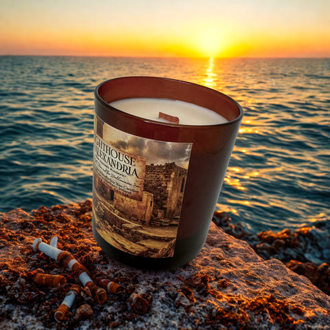 Candle with a scenic label on a rock by the ocean at sunset
