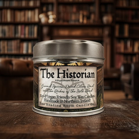 The Historian Candle Tin | Signature Collection Soy Wax | Silk Road Spices, Dried Citrus & Oriental Woods | Luxury History Inspired Wood Wick Candle