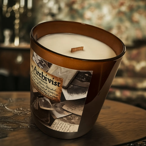 The Archivist Candle Jar | Signature Scent | Amber Resin, Sandalwood, Cypress & Nutmeg | Light Academia Inspired Wood Wick Soy Candle