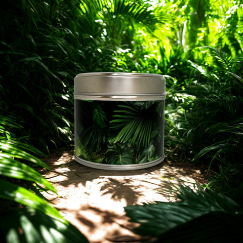 Clear container with silver lid filled with green leaves, placed in a natural setting with ferns.