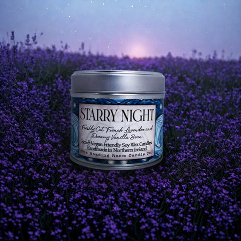 “Starry Night soy candle with French lavender and vanilla bean, inspired by Van Gogh’s painting”