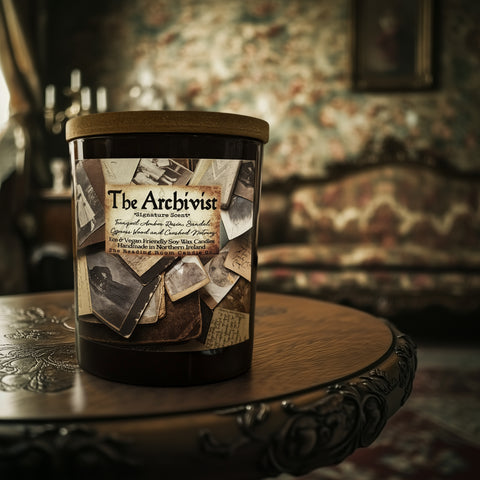 The Archivist Candle Jar | Signature Scent | Amber Resin, Sandalwood, Cypress & Nutmeg | Light Academia Inspired Wood Wick Soy Candle