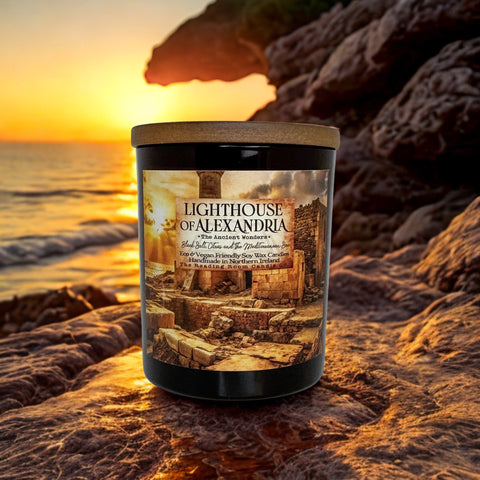 Lighthouse of Alexandria Soy Wax Candle Jar | Ancient Wonders | Black Salt, Citrus & Mediterranean Sea