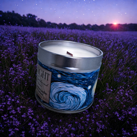 “Starry Night soy candle with French lavender and vanilla bean, inspired by Van Gogh’s painting”