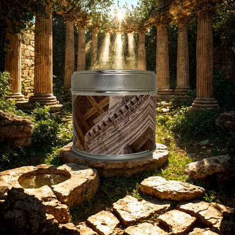 Decorative cylindrical container with geometric pattern on a stone platform in a sunlit temple ruins setting.
