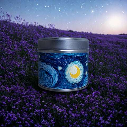 “Starry Night soy candle with French lavender and vanilla bean, inspired by Van Gogh’s painting”