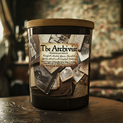 The Archivist Candle Jar | Signature Scent | Amber Resin, Sandalwood, Cypress & Nutmeg | Light Academia Inspired Wood Wick Soy Candle