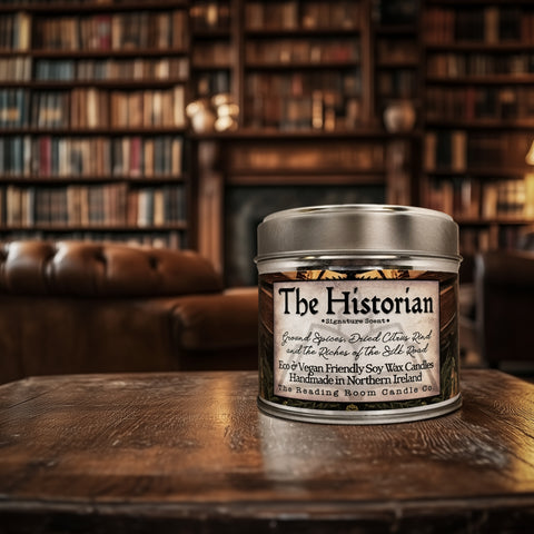 The Historian Candle Tin | Signature Collection Soy Wax | Silk Road Spices, Dried Citrus & Oriental Woods | Luxury History Inspired Wood Wick Candle