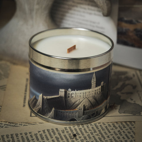 Soy Wax Candle tin labeled 'The White Citadel' on a rustic background with the white tree.