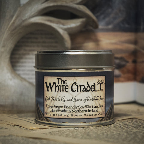 Soy Wax Candle tin labeled 'The White Citadel' on a rustic background with the white tree.
