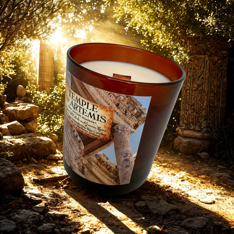 Candle with Temple of Artemis label in a natural setting