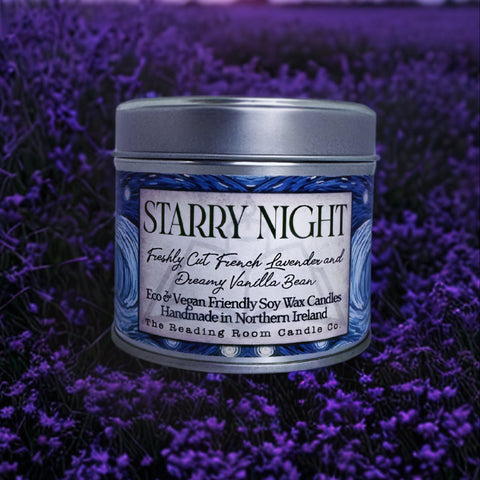 “Starry Night soy candle with French lavender and vanilla bean, inspired by Van Gogh’s painting”