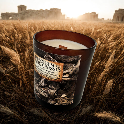 Candle with a decorative label in a field during sunset