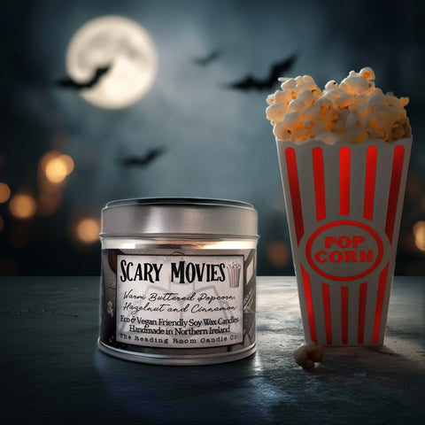Scary Movies Soy Wax Candle - Warm Buttered Popcorn, Hazelnut and Cinnamon