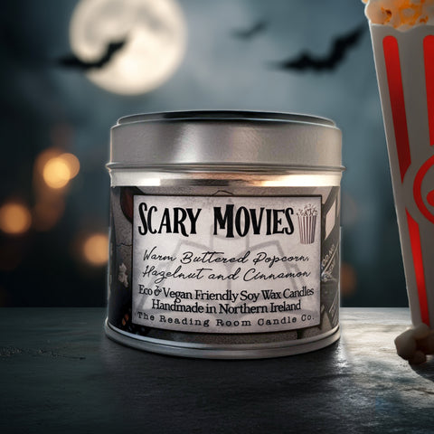 Scary Movies Soy Wax Candle - Warm Buttered Popcorn, Hazelnut and Cinnamon